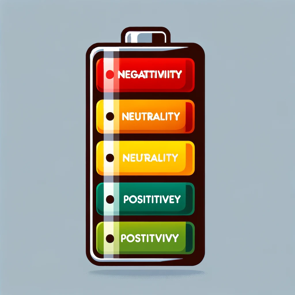 A battery icon showing the charge level with the lower red section labeled "Negativity," the middle yellow section "Neutrality," and the top green section "Positivity." The battery is charging towards positivity with activities like "Reading," "Exercise," and "Healthy Eating." The design should be modern and visually engaging, symbolizing the idea of recharging one's mental state with positive activities and attitudes. The battery should be prominent, with clear labels and a dynamic, uplifting design.