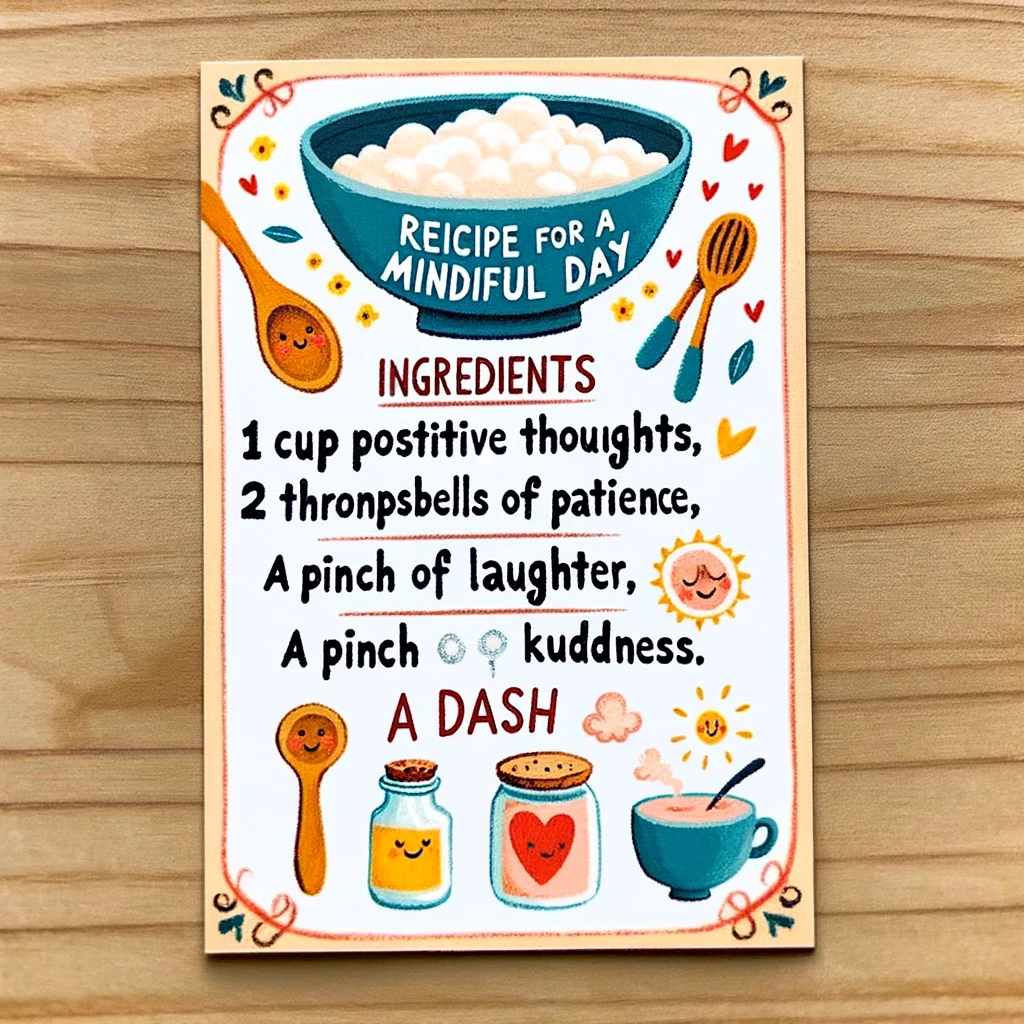 A playful image of a recipe card titled "Recipe for a Mindful Day." Ingredients include "1 cup of Positive Thoughts," "2 tablespoons of Patience," "A pinch of Laughter," and "A dash of Kindness." The card should look like a traditional recipe card, with a charming and whimsical design. Each ingredient should be visually represented in a fun and light-hearted manner, emphasizing the theme of combining various positive elements to create a mindful and happy day.