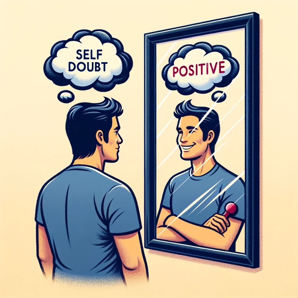 A mirror reflecting two images: on the left, a person with thought bubbles of self-doubt and criticism; on the right, the same person with positive affirmations and a confident smile. The mirror should be the central element, dividing the two contrasting self-images. This depiction should emphasize the power of self-perception and the impact of positive thinking, with the mirror symbolizing the transformative effect of changing one's mindset from negative to positive.