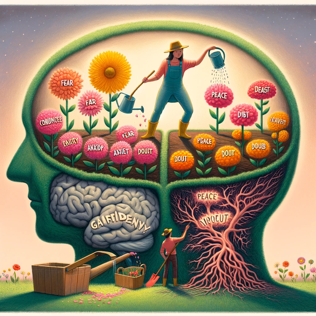 A whimsical illustration of a person gardening in their brain, pulling out weeds labeled "Fear," "Anxiety," and "Doubt," and planting flowers labeled "Confidence," "Peace," and "Joy." The image should have a fantastical, dream-like quality, with the person tending to a garden that represents their mind. The concept of emotional gardening should be visually clear, with the act of nurturing positive emotions and removing negative ones depicted in a playful and imaginative manner.