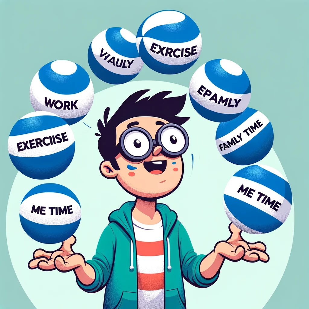A comical image of a person juggling multiple balls in the air, each labeled with common to-do list items like "Work", "Exercise", "Family Time", and "Me Time". The person has a playful, determined expression, symbolizing the challenge and skill of balancing life's responsibilities.
