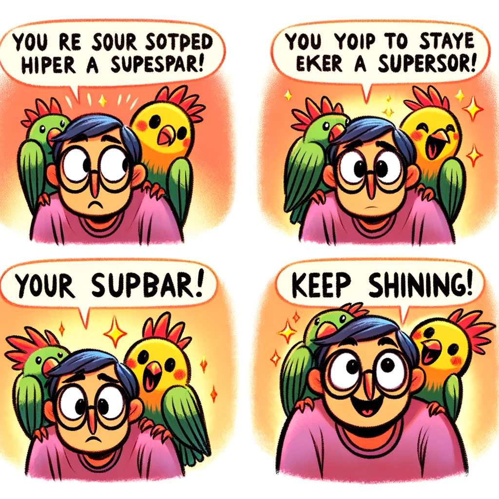 A cartoon parrot perched on someone's shoulder, repeating humorous but encouraging affirmations like "You're a superstar!" and "Keep shining!" The person is initially surprised but then smiles, showing the uplifting impact of positive words.