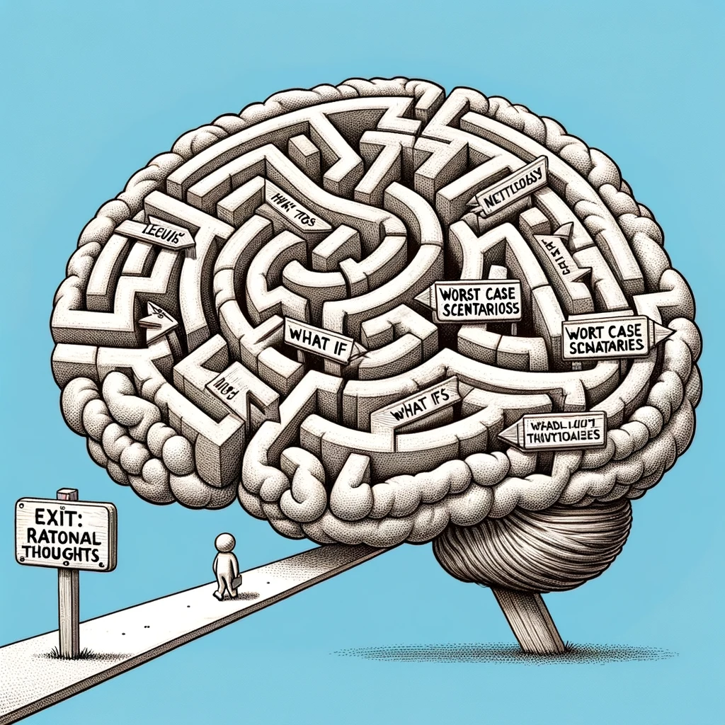 A humorous depiction of a brain shaped like a complex maze, with a tiny figure of a person navigating it. Signposts within the maze read "What Ifs", "Worst Case Scenarios", and "Exit: Rational Thoughts."