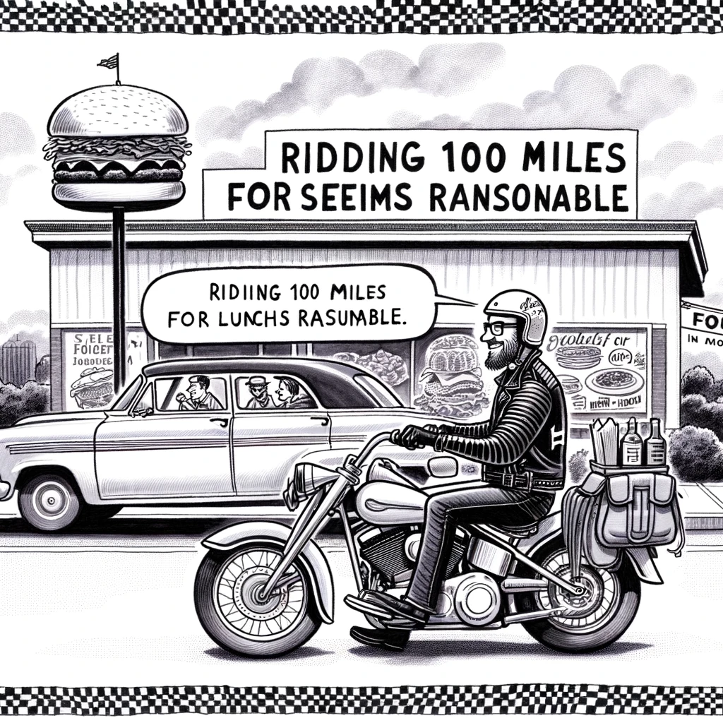 The Foodie Rider: A biker parked outside a famous food joint, with a caption saying, "Riding 100 miles for lunch seems reasonable."