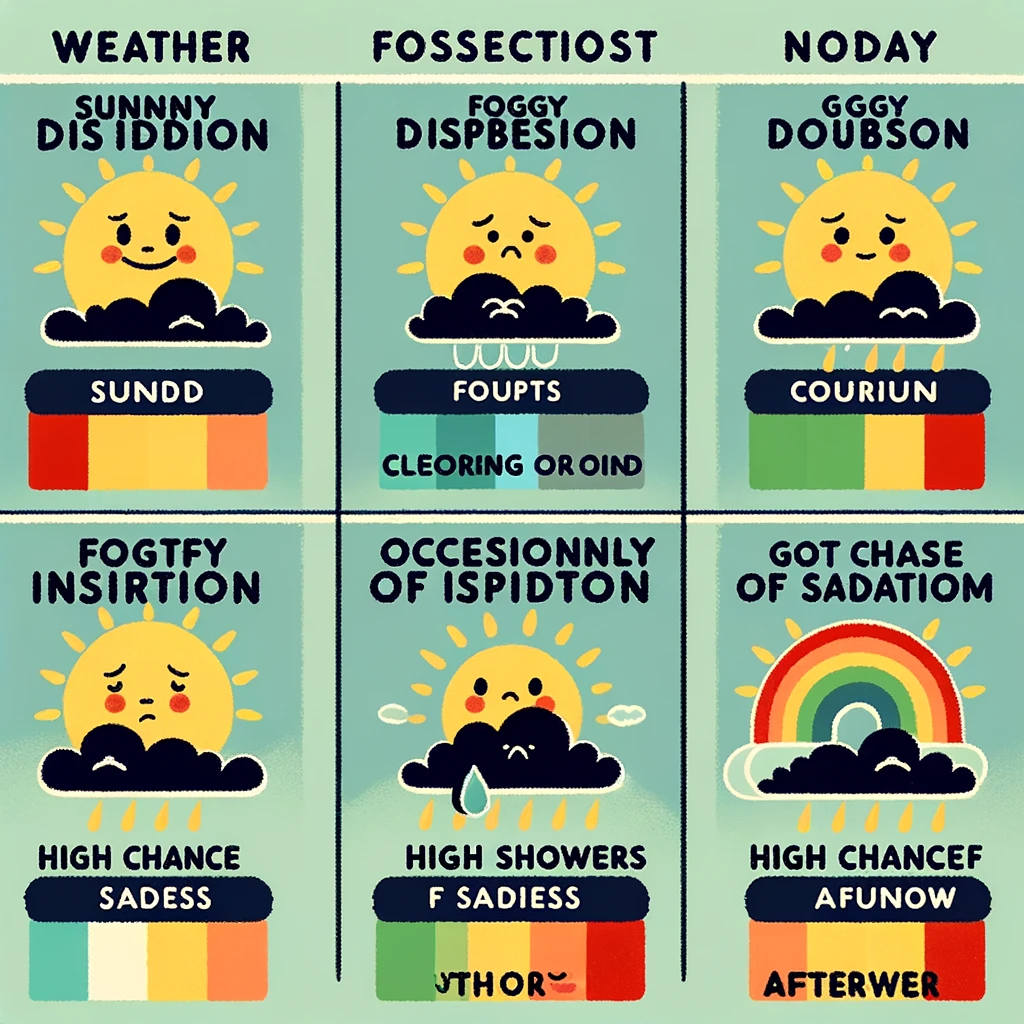 A weather forecast layout with different states of mind instead of weather conditions. Icons include "Sunny Disposition", "Foggy Doubts Clearing Up", "High Chance of Inspiration", and "Occasional Showers of Sadness with Rainbow Afterwards."