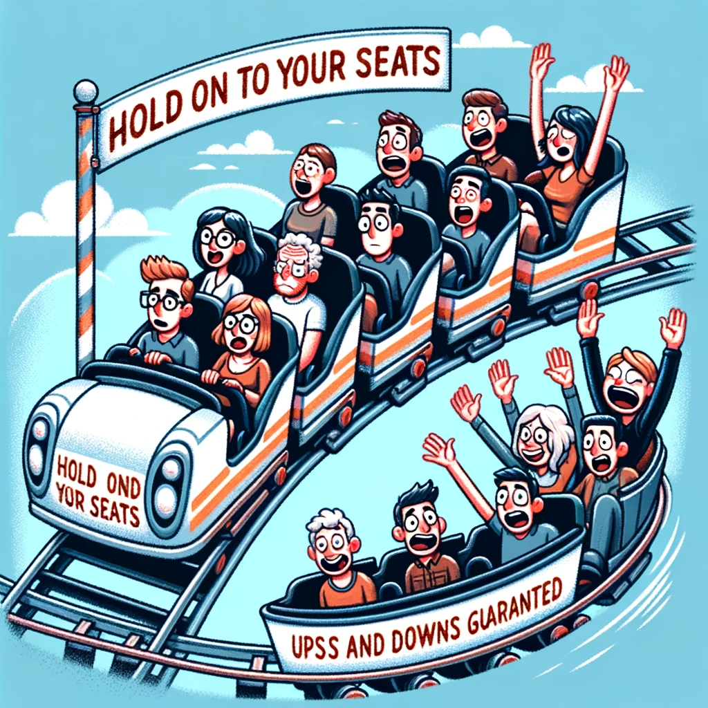 A rollercoaster track with carts filled with people showing a range of emotions, from thrilled to scared to excited. Captions include phrases like "Hold on to your seats", "Ups and Downs Guaranteed", and "Enjoy the Ride of Emotions."