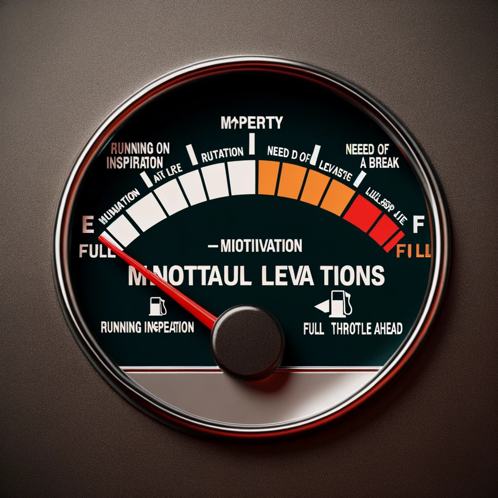 A fuel gauge with levels ranging from "E" for Empty to "F" for Full. The gauge is labeled "Motivation Levels", with the needle fluctuating between different sections like "Running on Inspiration", "In Need of a Break", and "Full Throttle Ahead."
