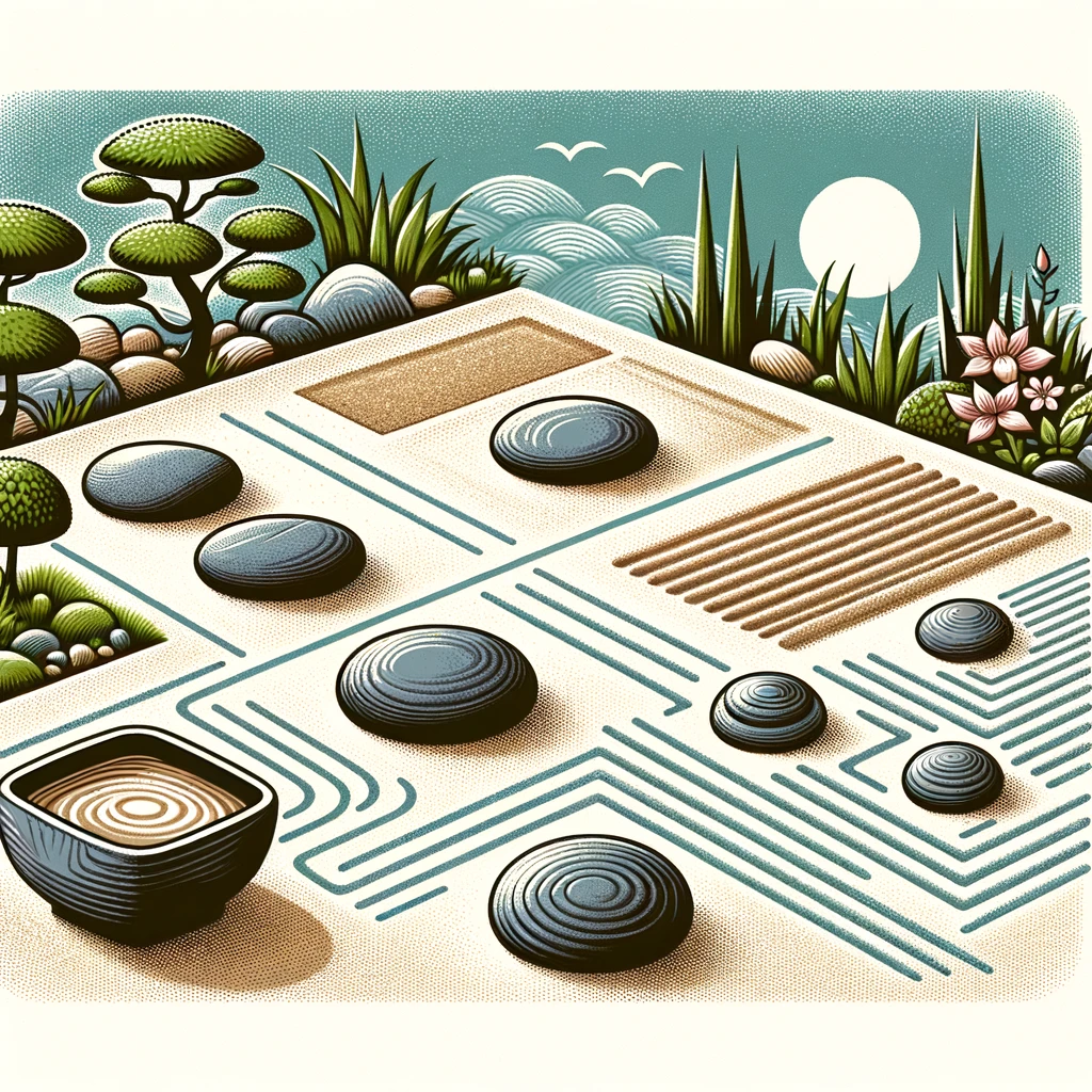 An image of a peaceful Zen garden with elements representing different aspects of mindfulness, such as smooth stones for "Calm Thoughts", raked sand for "Mental Clarity", and a small pond for "Emotional Reflection."