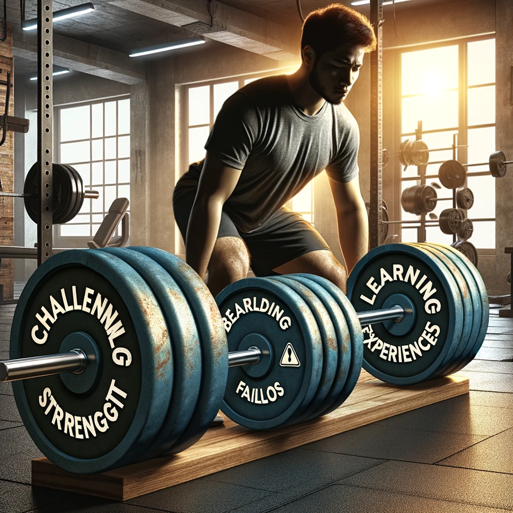 A gym setting where a person is lifting weights, but instead of traditional weights, they're labeled "Challenges", "Failures", and "Learning Experiences." The tagline reads, "Building Mental Strength."