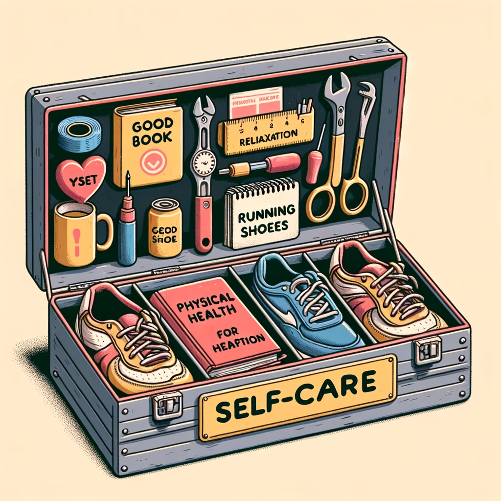 An assortment of tools in a toolbox, each labeled with different self-care activities, like "A Good Book" for relaxation, "Running Shoes" for physical health, "A Diary" for emotional processing, and "A Calendar" for time management.