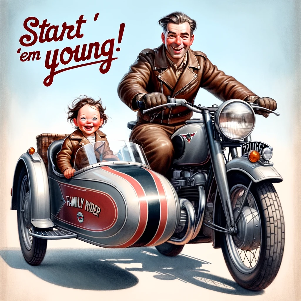 The Family Rider: A biker with a small child in a sidecar, both smiling broadly. Caption: "Start 'em young!"
