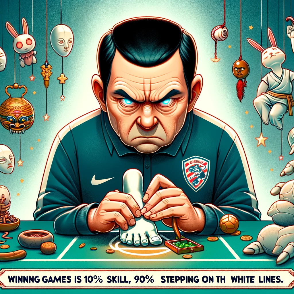 An image of a coach with a serious face, surrounded by bizarre lucky charms and rituals. The coach is in a sports setting, intently focused on superstitious activities like rubbing a rabbit's foot and carefully avoiding stepping on lines. Include a caption at the bottom that says, "Winning games is 10% skill, 90% not stepping on the white lines."