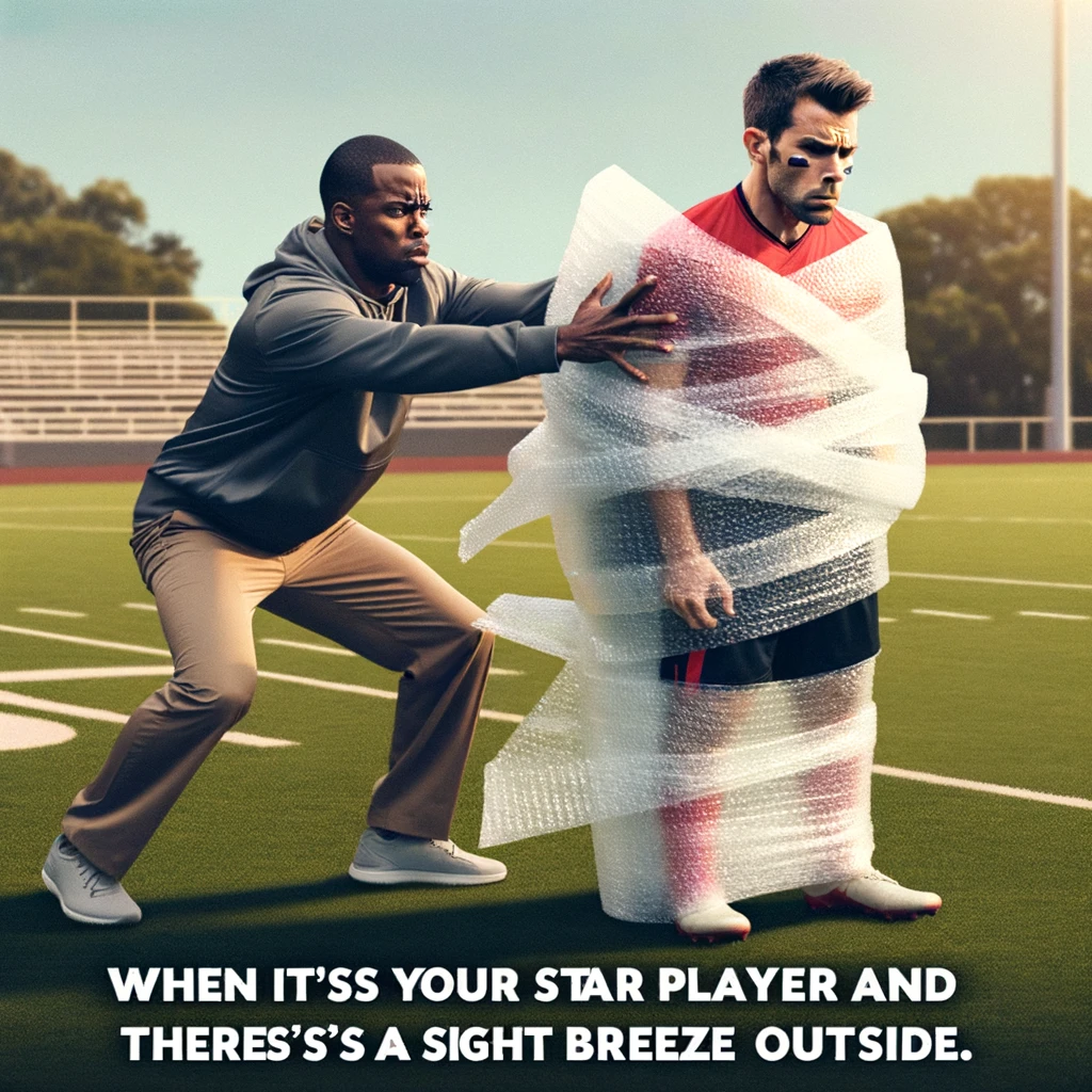 An image of a coach wrapping a player in bubble wrap, with a worried expression. The coach is on a sports field, carefully wrapping a player in protective bubble wrap, showing extreme caution. Include a caption at the bottom that reads, "When it's your star player and there's a slight breeze outside."