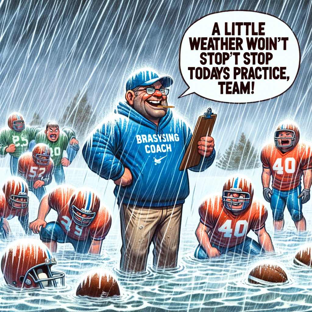 An image of a coach standing proudly in extreme weather, like a torrential downpour or blizzard, holding a clipboard. Players around are shivering or trying to find cover. The image is humorous, capturing the dedication of the coach in adverse weather. It includes a caption: "A little weather won't stop today's practice, team!"