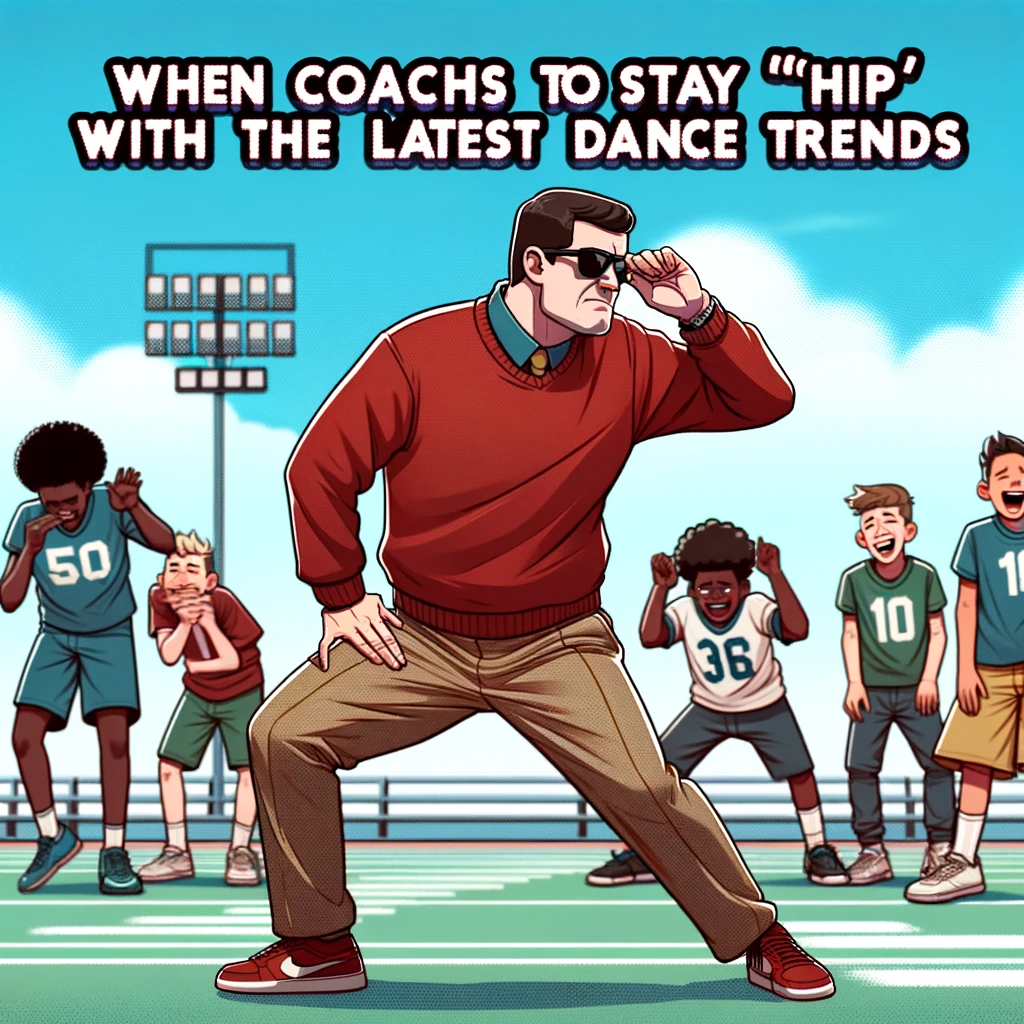 A coach trying to perform trendy dance moves during a game or practice. The background shows young players, some are laughing and others cringing. The scene is humorous, capturing the coach's attempt to be 'hip'. A caption is included: "When coach tries to stay 'hip' with the latest dance trends."