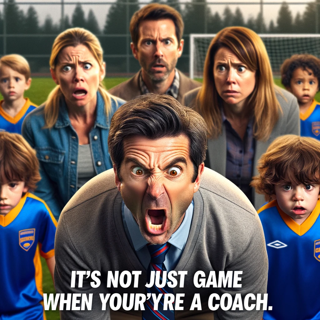 An image depicting an overly competitive coach showing extreme intensity during a children's peewee soccer match. The coach's expression is intense and focused, while other adults in the background look concerned. The scene is humorous, highlighting the coach's excessive competitiveness. It includes a caption: "It's not just a game when you're a coach."