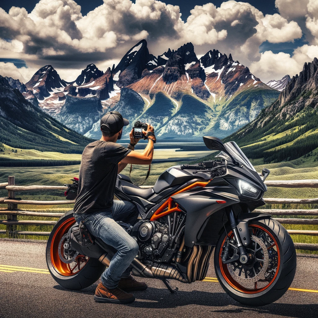 The Scenic Addict: A biker taking photos of their bike against scenic backdrops, with a caption, "It's not just a ride, it's a photo op."