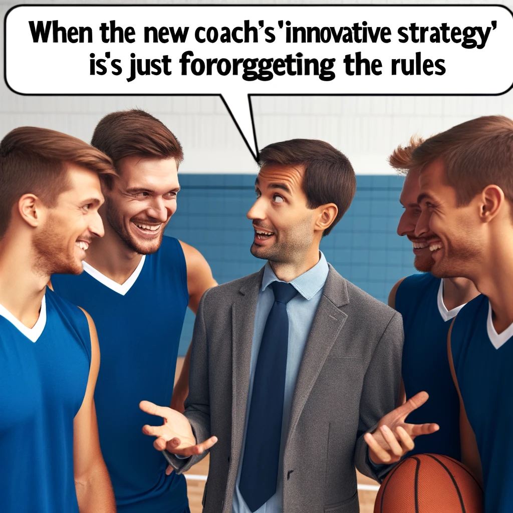 A young, new coach confidently explaining a strategy or rule incorrectly to veteran players. The players are exchanging knowing glances, amused by the rookie mistake. The image is humorous, depicting the coach's inexperience. It includes a caption: "When the new coach's 'innovative strategy' is just forgetting the rules."