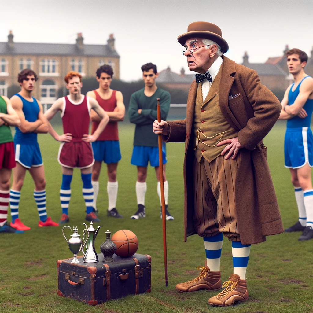 Time-Travelling Coach: An image showing an old-fashioned coach, dressed in vintage sports attire from the early 20th century, on a modern sports field. The coach looks puzzled and out of place as he tries to make sense of contemporary sports equipment and techniques. Surrounding him are modern-day athletes, dressed in current sports gear, who look amused by the coach's antiquated appearance and confusion. The scene is light-hearted and comical. Caption at the bottom: 'When your coach is a little too vintage.'