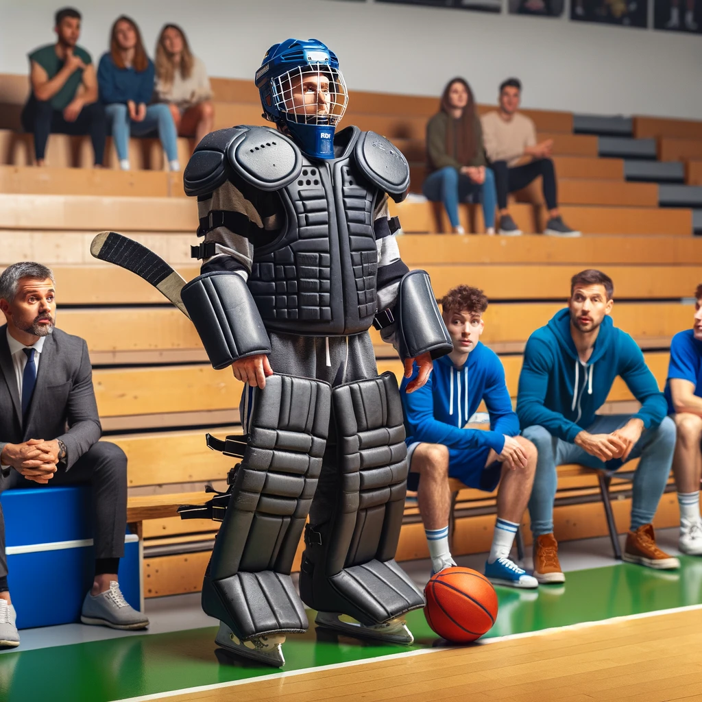 Mismatched Sport Coach: The image features a coach dressed in full hockey gear, including a helmet, pads, and a hockey stick, standing on the sidelines of a basketball court. The coach appears completely confident and unfazed, while basketball players in the background look at him with a mix of surprise and amusement. The scene highlights the humorous and absurd contrast between the coach's attire and the sport being played. Caption at the bottom: 'When you love all sports a little too much.'