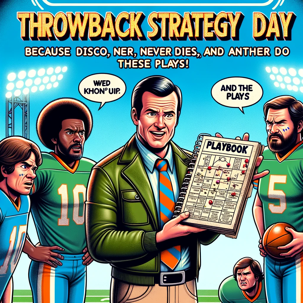 A coach proudly presenting an ancient playbook from the 1970s, with players looking confused and holding modern sports equipment. The scene is on a sports field. Caption at the bottom: "Throwback strategy day: because disco never dies, and neither do these plays!"