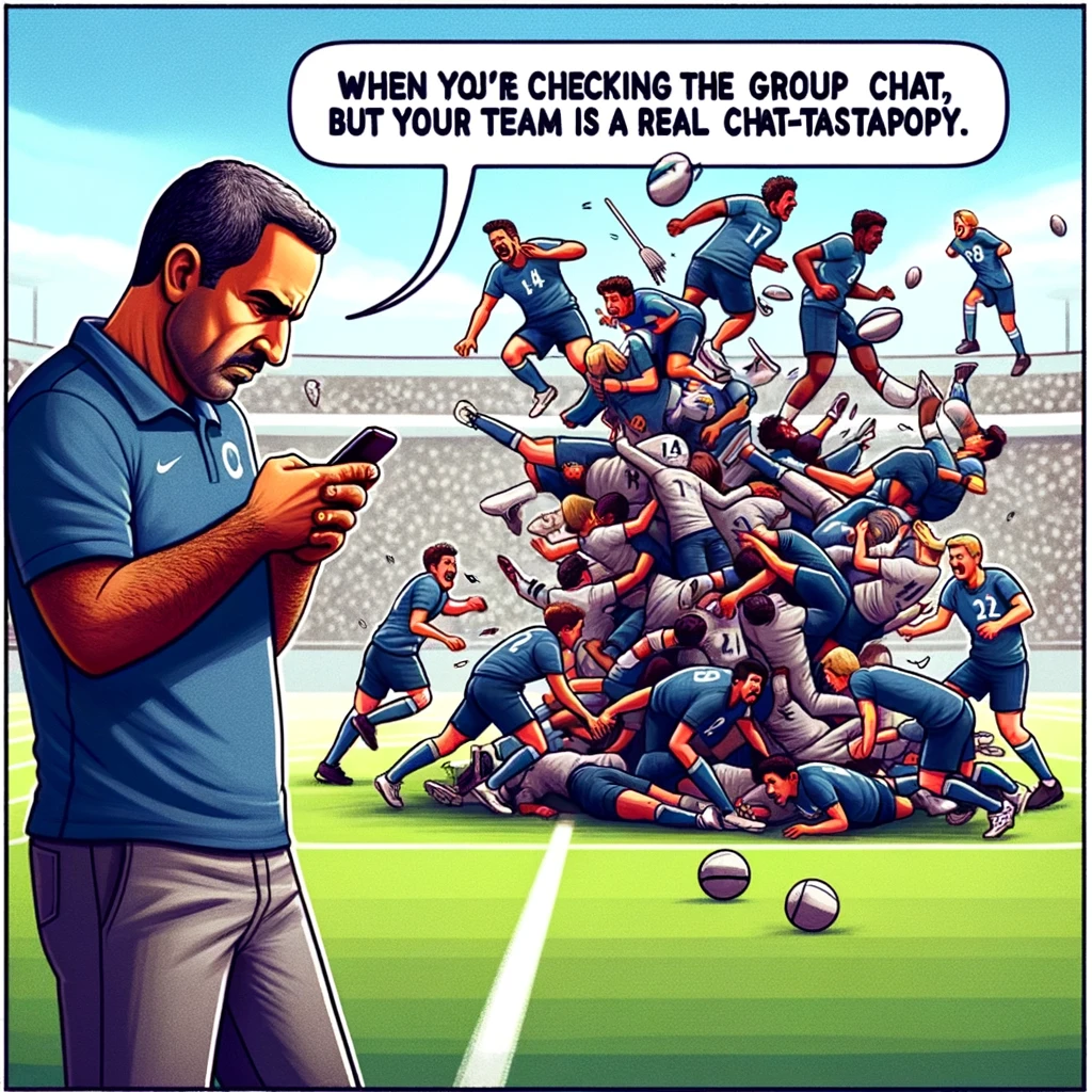 A coach looking at their phone, completely oblivious to chaos unfolding behind them on the sports field. The chaos includes players in a disorganized manner, some colliding or arguing. Caption at the bottom: "When you're checking the group chat, but your team is in a real chat-tastrophy."