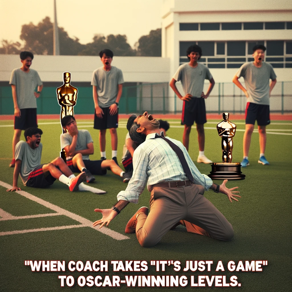 A coach dramatically falling to their knees or covering their face in despair over a minor mistake in a practice game. Players in the background are rolling their eyes. The scene is on a sports field. Caption at the bottom: "When coach takes 'it's just a game' to Oscar-winning levels."