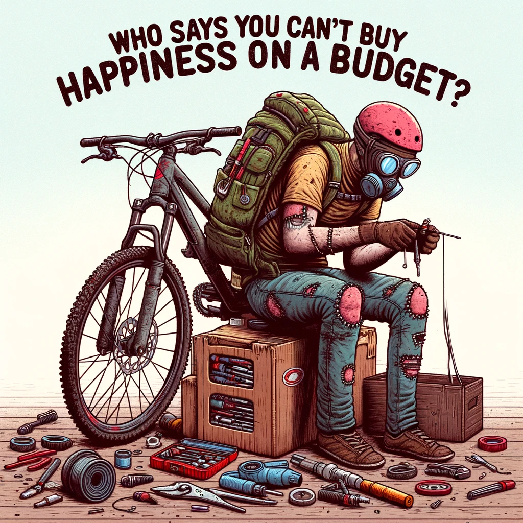 The Budget Biker: A biker patching up old gear, with a caption, "Who says you can't buy happiness on a budget?"