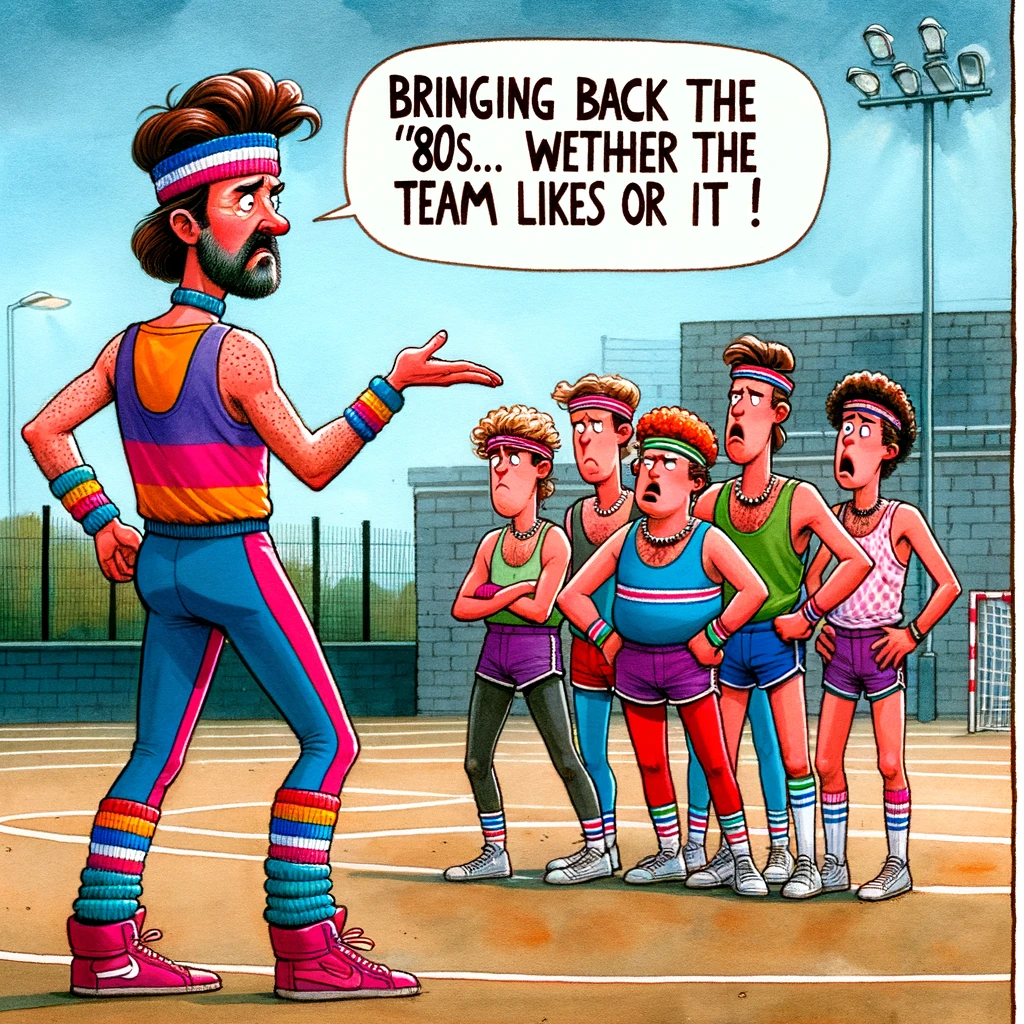 A coach dressed in colorful '80s workout gear, complete with headband and leg warmers, leading a confused modern-day team. The scene is on a sports field. Players are wearing contemporary sports attire and looking puzzled. Caption at the bottom: "Bringing back the '80s... whether the team likes it or not!"