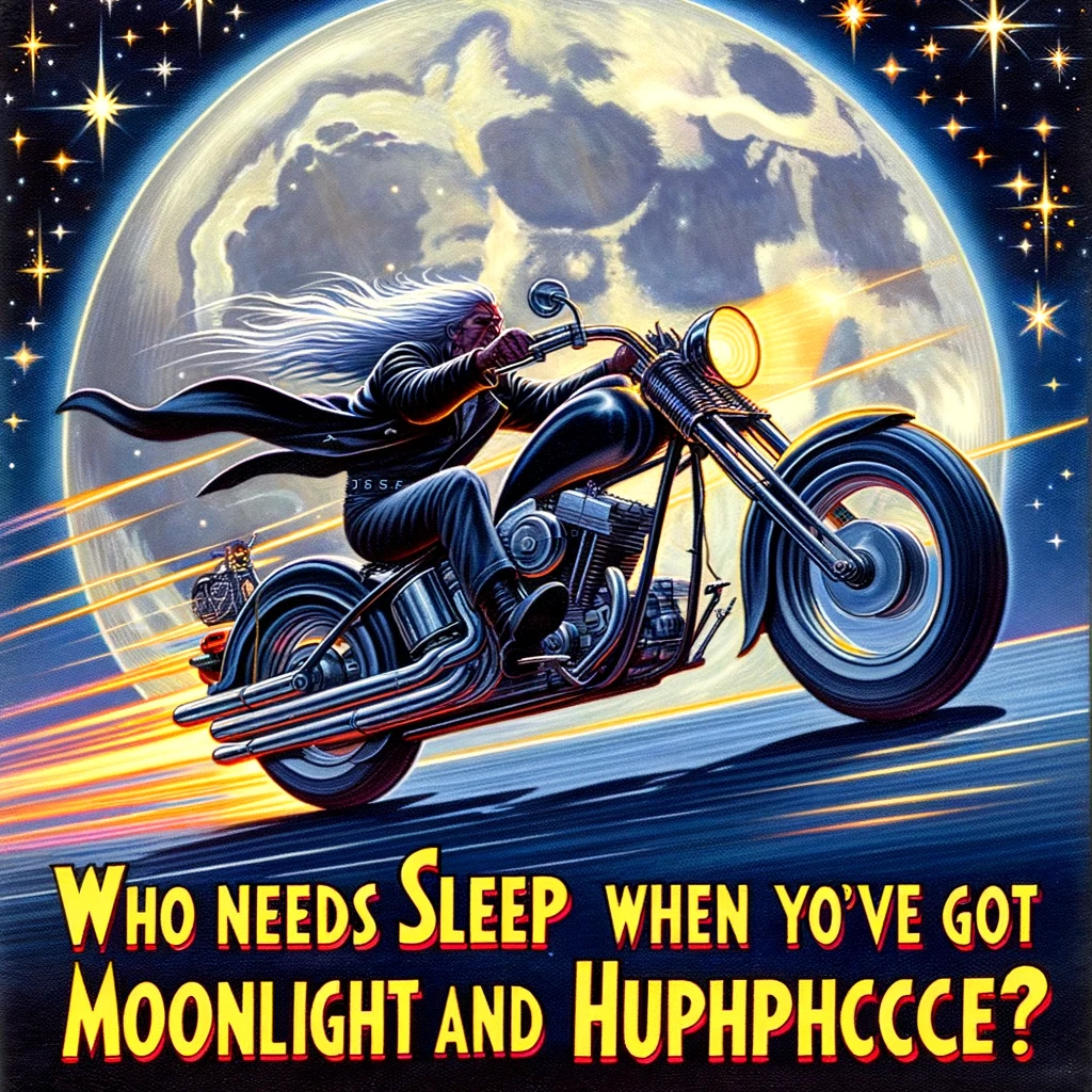 The Night Rider: A biker cruising under the stars, captioned, "Who needs sleep when you've got moonlight and horsepower?"