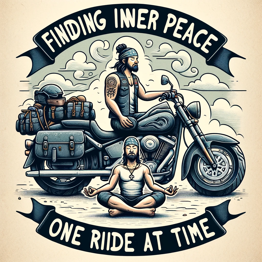 The Zen Rider: A biker meditating beside their parked motorcycle, with the caption, "Finding inner peace, one ride at a time."