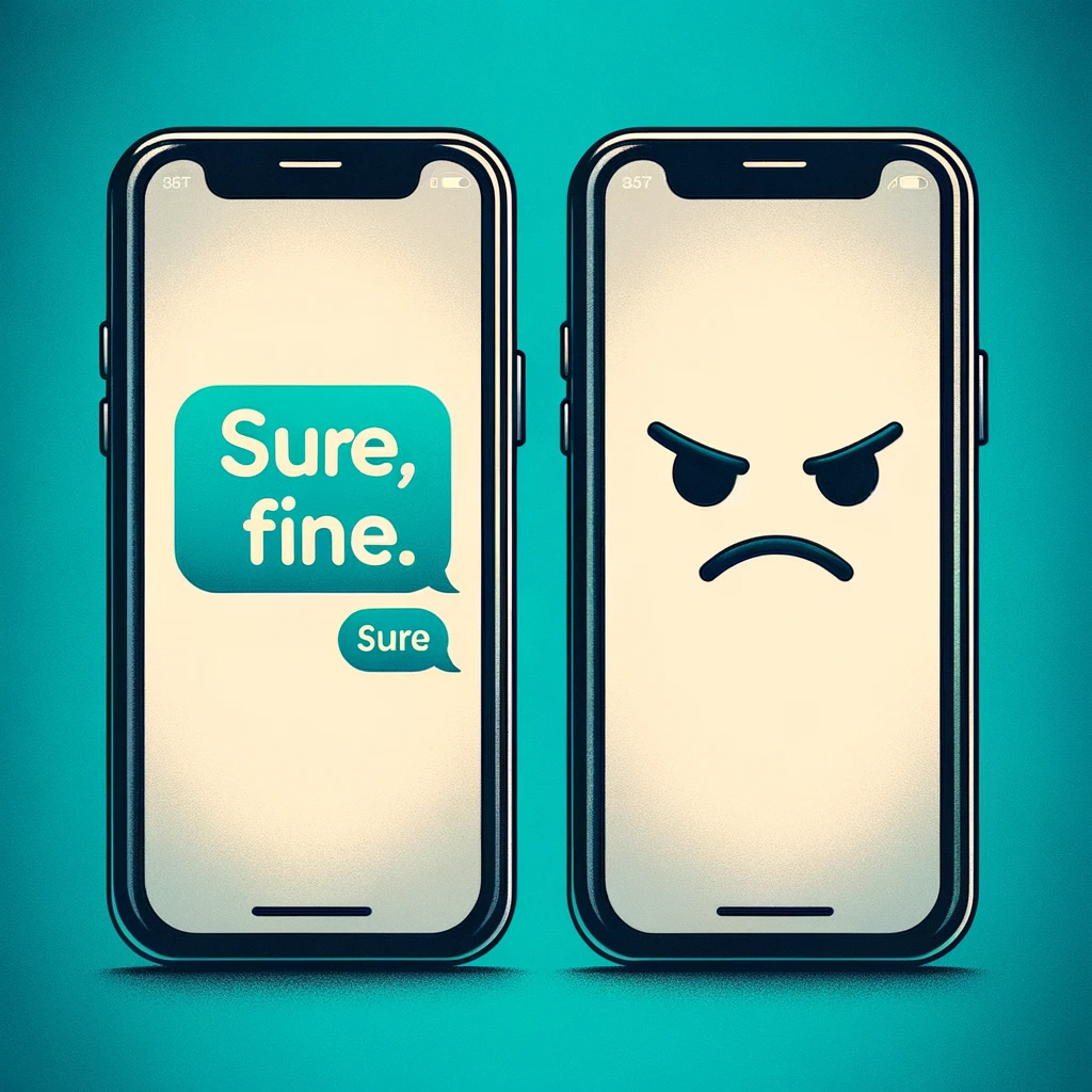 Misunderstood Text Message: Two smartphones side by side. The left phone shows a text message saying "Sure, fine." The right phone displays the same message but with an imagined sad or angry face above the message, symbolizing the misinterpretation of the text's tone. The image should capture the contrast between the literal text and the imagined emotional context.