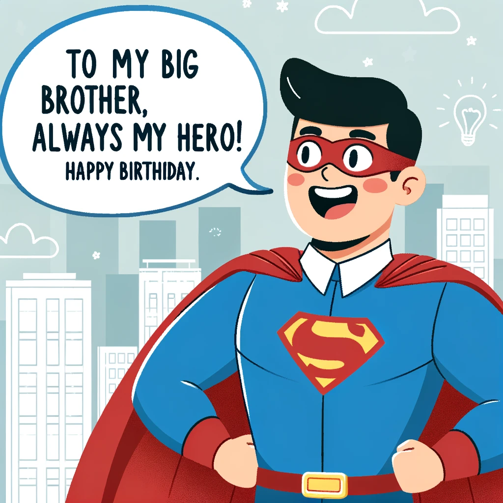 A superhero wearing a cape, standing heroically with a big smile, in a cartoon style. In the foreground, there's a speech bubble with the caption: "To my big brother, always my hero. Happy Birthday!" The background is a cityscape, illustrating the superhero's role in protecting the city.