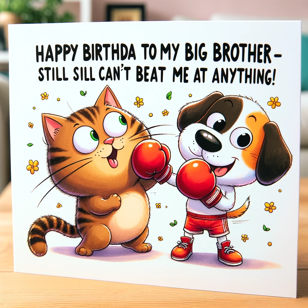 A funny cartoon of a cat and a dog playfully fighting, with a light-hearted and humorous style. The cat and dog are wearing boxing gloves and showing playful expressions. There's a caption at the bottom that reads: "Happy birthday to my big brother – still can't beat me at anything!" The background is a living room, suggesting a friendly sibling rivalry at home.