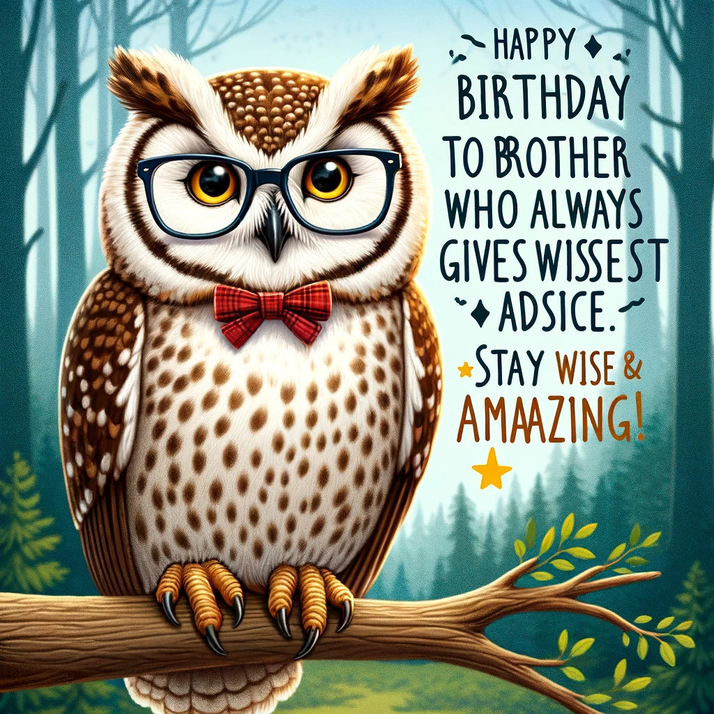A wise-looking owl wearing glasses, perched on a branch with a thoughtful expression. The owl appears scholarly and intelligent, symbolizing wisdom. Below the owl, there's a caption: "Happy birthday to the brother who always gives the wisest advice. Stay wise & amazing!" The background is a serene forest, indicating the owl's natural habitat and adding to the wise atmosphere.