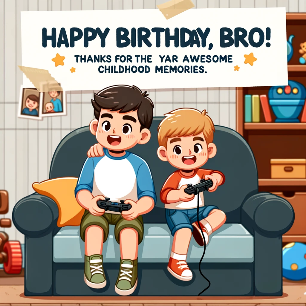 An image of two cartoon kids, one older and one younger, playing video games together on a couch in a cozy living room. They are smiling and enjoying the game, capturing a moment of childhood fun. The caption says: "Happy birthday, big bro! Thanks for the awesome childhood memories." The background shows a typical family living room with toys and family photos, enhancing the nostalgic feel.