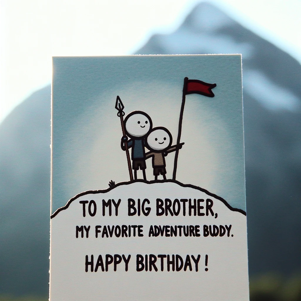 A simple and playful image of two stick figures, one slightly taller representing the big brother, on an adventure. They are on top of a mountain, with one holding a flag and the other pointing to the horizon. The scene captures a sense of adventure and camaraderie. The caption reads: "To my big brother, my favorite adventure buddy. Happy birthday!" The background is a scenic mountain landscape with a clear sky, emphasizing the theme of adventure and exploration.
