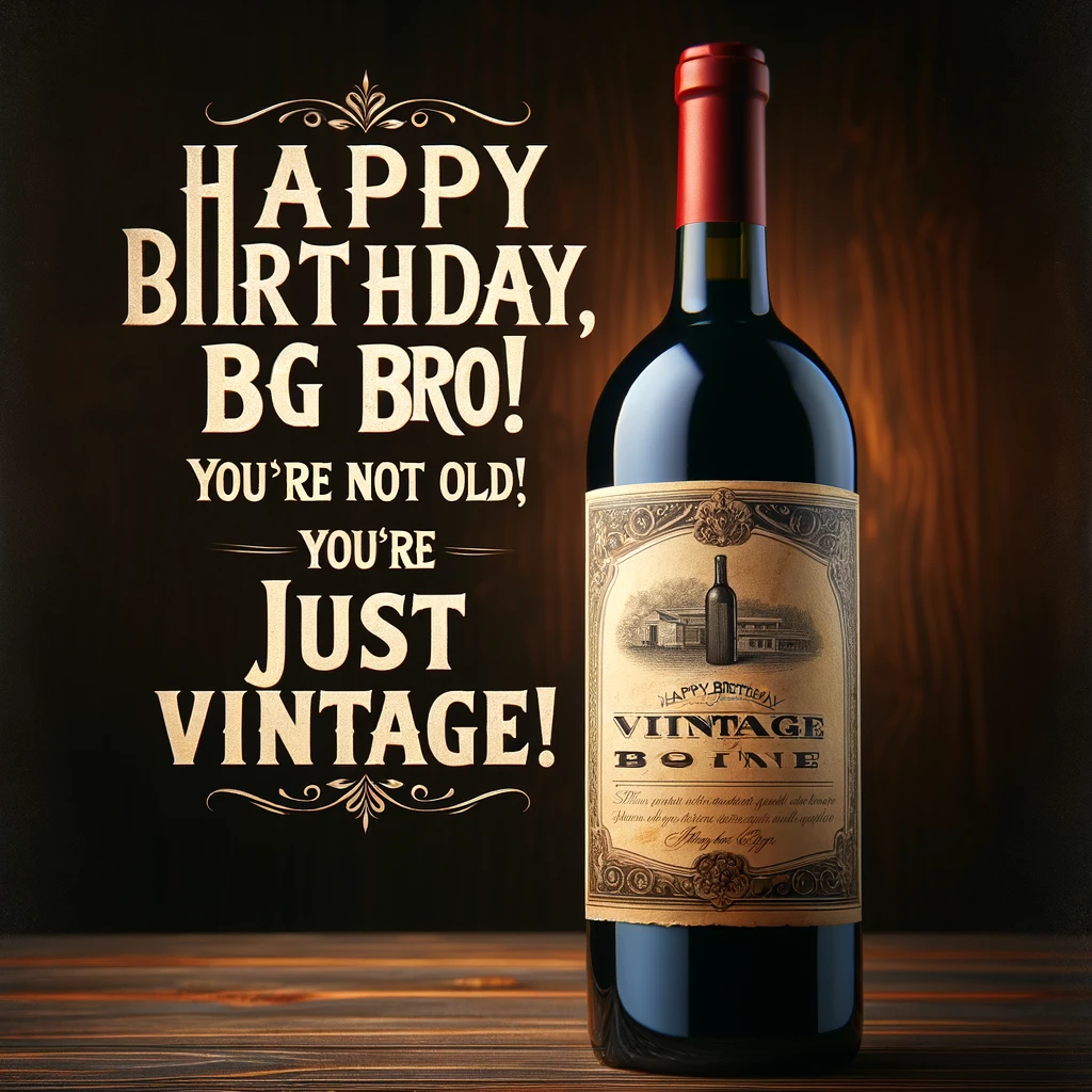 An image of a vintage wine bottle in an elegant setting, with a rich, dark background that highlights the bottle's age and quality. The bottle label is detailed, resembling a fine aged wine. The caption humorously says: "Happy birthday, big bro! You're not old, you're just vintage!" This image combines the concepts of aging gracefully and the fine quality of vintage items, perfect for a lighthearted birthday wish.
