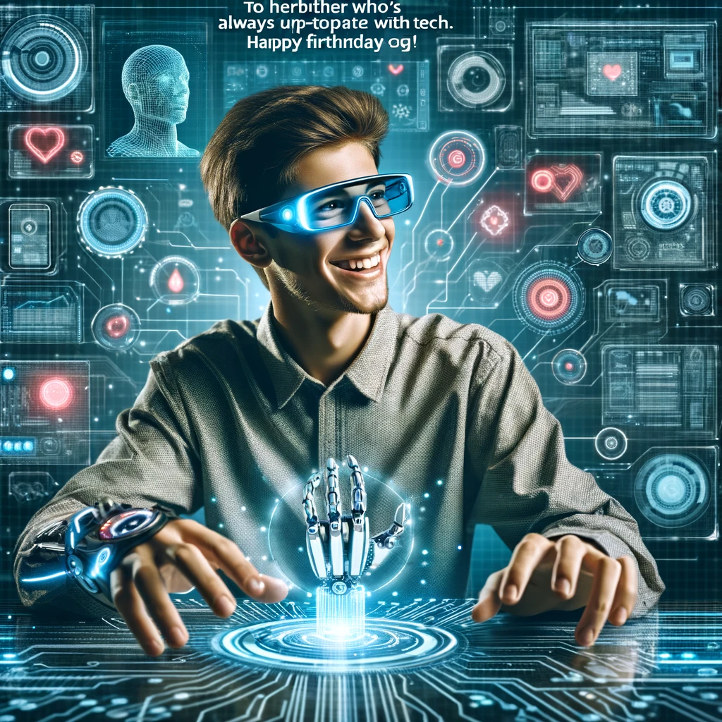 An image of a person surrounded by various high-tech gadgets and gizmos, representing a tech-savvy individual. The person is smiling, wearing smart glasses, and interacting with a futuristic interface. The background is filled with technology-themed elements like digital screens and circuit patterns. The caption reads: "To the brother who's always up-to-date with tech. Happy birthday, future cyborg!" The image conveys a sense of modern technology and innovation.