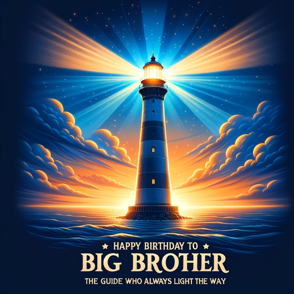 An image of a majestic lighthouse shining its light across the sea during twilight. The lighthouse symbolizes guidance and inspiration. The sky is a beautiful mix of orange and blue hues, creating a serene and uplifting atmosphere. Below the lighthouse, the caption reads: "Happy birthday to my big brother, the guide who always lights the way." This image represents the role of a big brother as a guiding light and mentor in life.