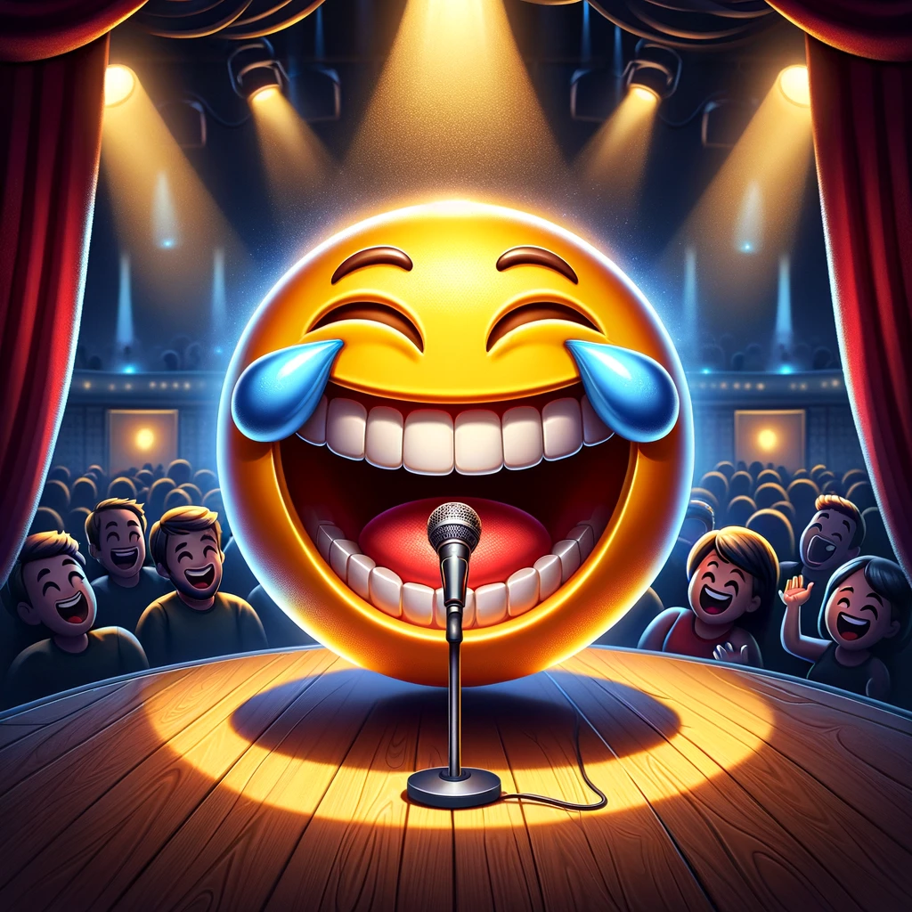 A cartoonish image of a laughing emoji with exaggerated facial features, symbolizing a sense of humor and joy. The emoji is in the spotlight on a stage, mimicking a stand-up comedian. The caption reads: "Happy birthday to the big brother who always keeps the family laughing!" The background shows a comedy club ambiance with dim lighting and a cheering audience, enhancing the comedic theme of the image.