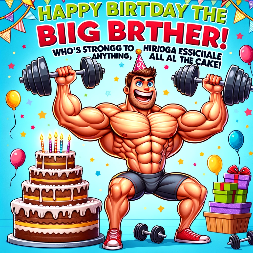 A cartoon character with exaggerated muscles lifting weights, surrounded by birthday decorations and a big cake. Caption: 'Happy birthday to the big brother who's strong enough to handle anything (especially all the cake)!' The image should be colorful, festive, and humorous, capturing the essence of a fitness fanatic celebrating a birthday.