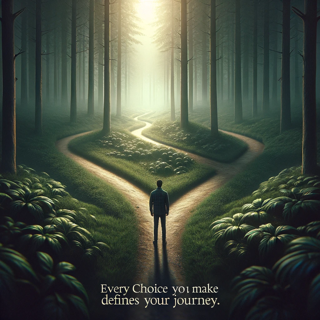An image of a person standing at a crossroads in a forest, symbolizing decision-making. The forest is dense and lush, with two distinct paths diverging, each leading into the unknown. The person stands in the middle, contemplating the choices. The atmosphere is serene yet filled with anticipation. The caption at the bottom in an insightful font reads: 'Every choice you make defines your journey.' The image represents the importance of decisions in shaping one's path and the potential of different directions in life.