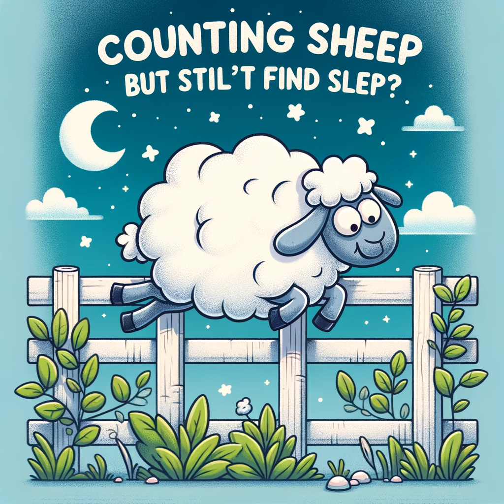A cartoonish sheep jumping over a fence with a whimsical background, captioned "Counting sheep but still can't find sleep?"
