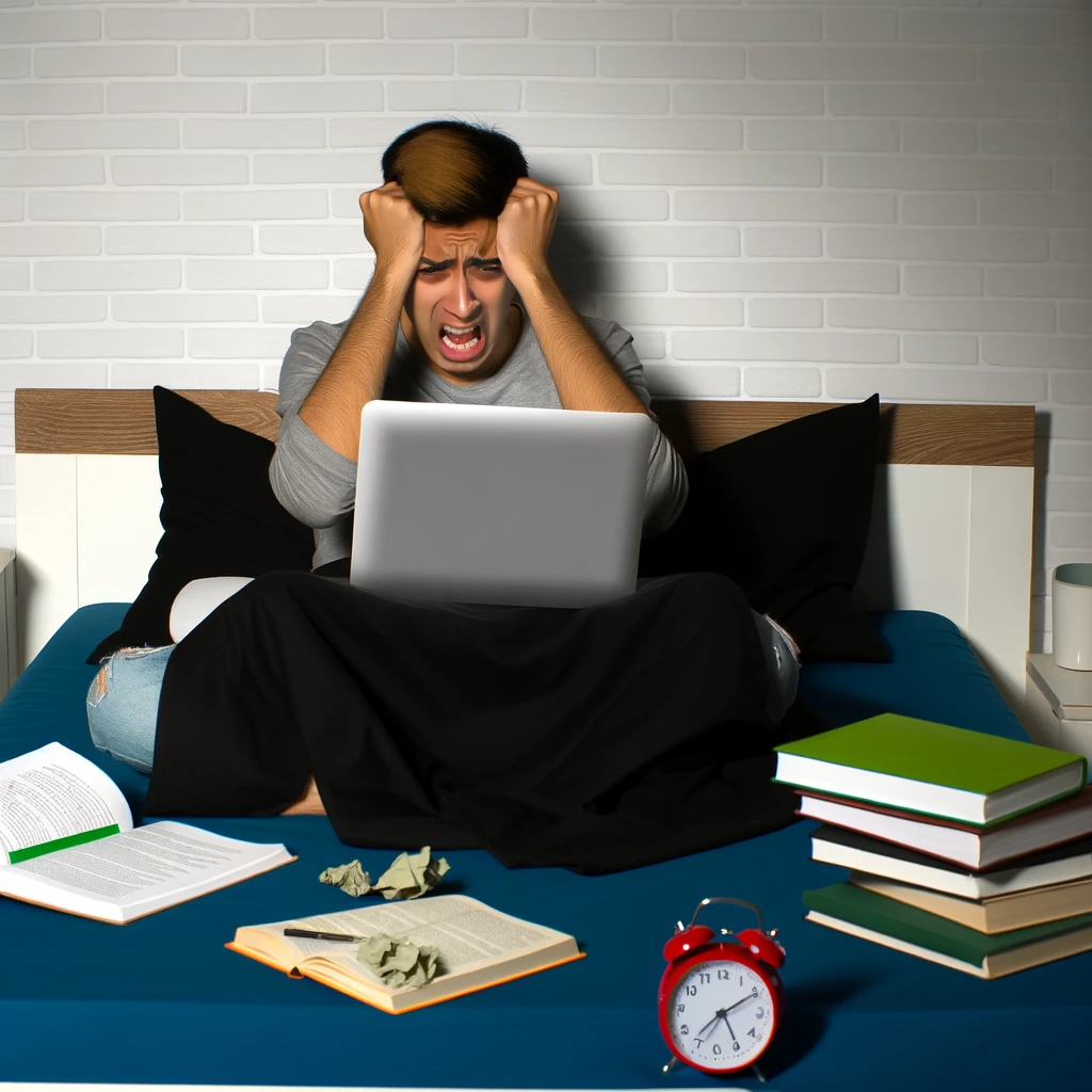 A frustrated person sitting on a bed with a laptop and books around, under the caption "Homework at 2 AM: The prime time for unexpected productivity and regret."