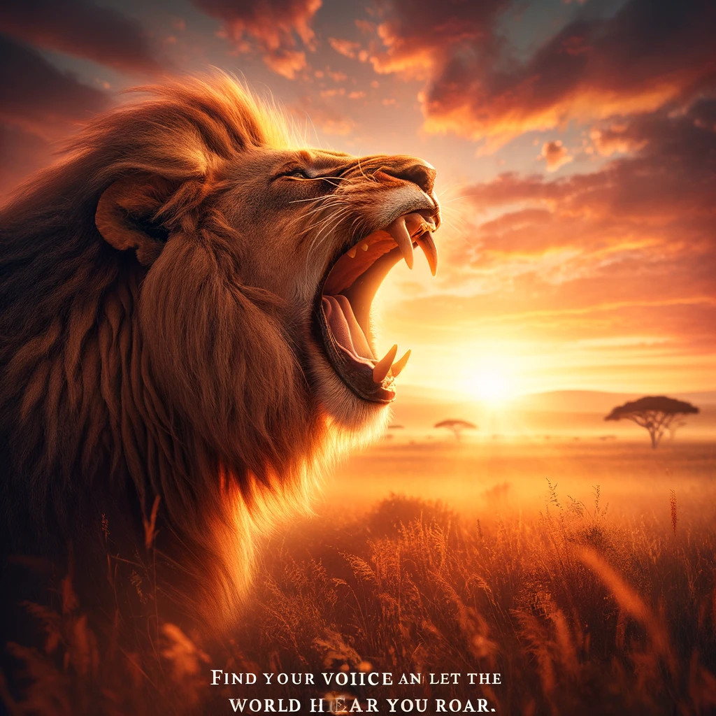 A majestic lion roaring in the savannah at sunrise. The image should capture the grandeur and power of the lion, with the warm colors of sunrise in the background, lighting up the vast open plains of the savannah. The lion's mane should be flowing in the gentle morning breeze, and its mouth wide open in a mighty roar. The caption at the bottom of the image reads, 'Find your voice and let the world hear you roar.' This image should inspire motivation and strength.