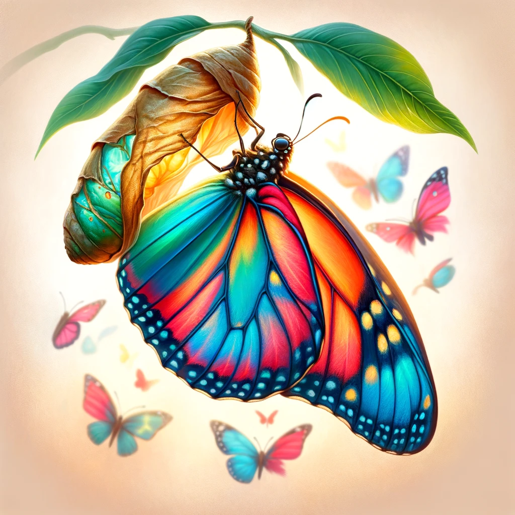 A vibrant butterfly emerging from its cocoon, set against a soft, natural background. The butterfly should be depicted in the midst of transformation, with brilliant colors on its wings, capturing the moment of change. The cocoon should be partially open, symbolizing the beginning of a new journey. The background may include elements like leaves or branches to enhance the natural setting. The caption at the bottom states, 'Change is beautiful, embrace your wings.' The image should evoke a sense of transformation and new beginnings.