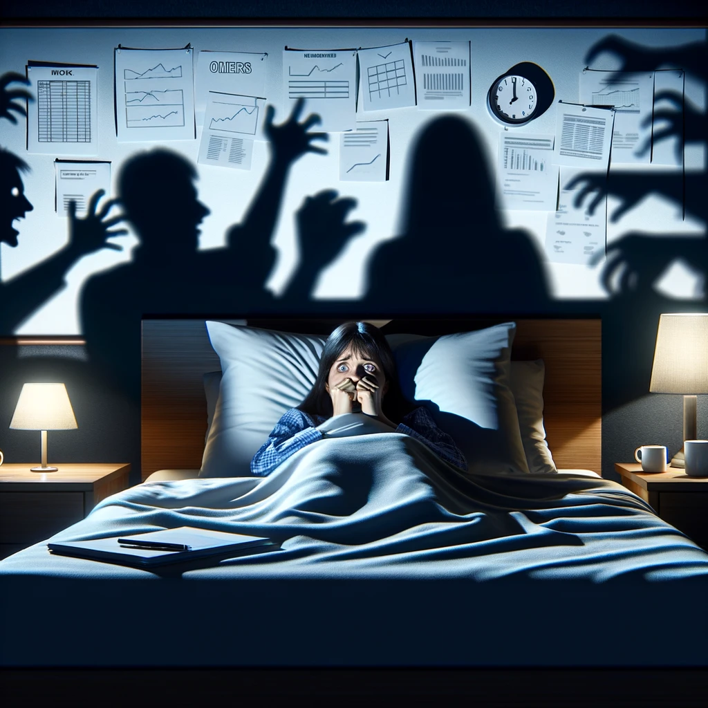 A person lying in bed with their eyes wide open, the room filled with shadows of work-related stress, captioned "When your bed turns into a meeting room at night."