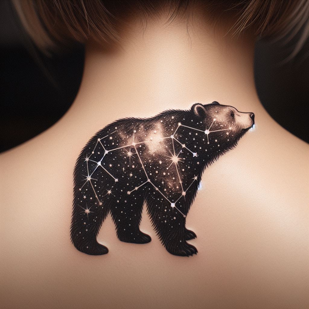 A tattoo of a bear's silhouette at the nape of the neck, its outline filled with a starry night sky. The bear appears to be gazing upward, with constellations forming within its silhouette. This design merges the wild with the celestial, symbolizing introspection and the pursuit of dreams. The tattoo is elegant and mystical, with fine lines creating the star patterns and the bear's outline, making it an enchanting addition to the body.