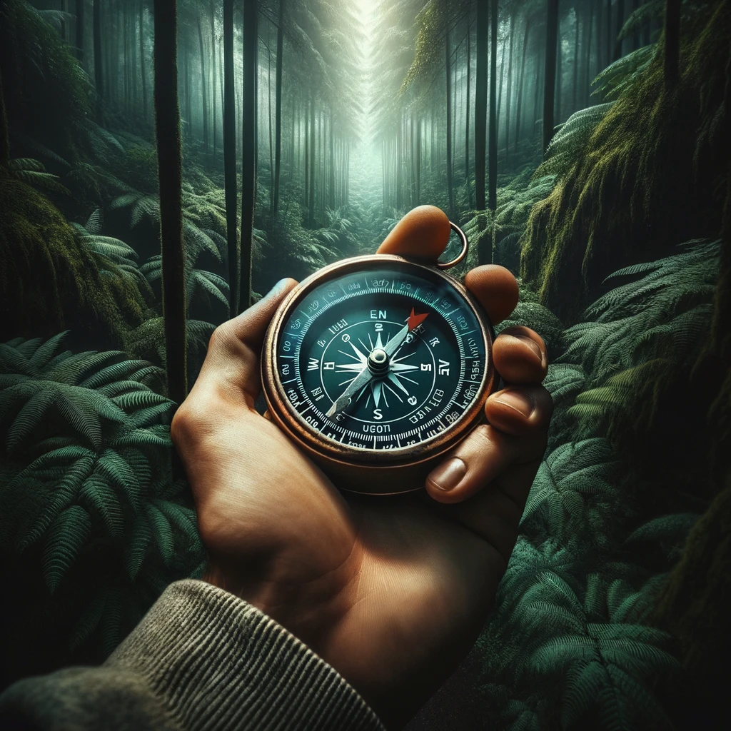 A close-up image of a hand holding a compass in a dense, green forest. The hand should be in the center of the image, gripping a traditional compass. The background is a lush forest with a mix of sunlight and shadows creating a sense of depth and mystery. The compass should be pointing in a specific direction, symbolizing guidance and direction-finding. At the bottom of the image, the caption reads, 'Even when you're lost, you're just a step away from the right path.' The image should convey the idea of exploration and finding one's way.